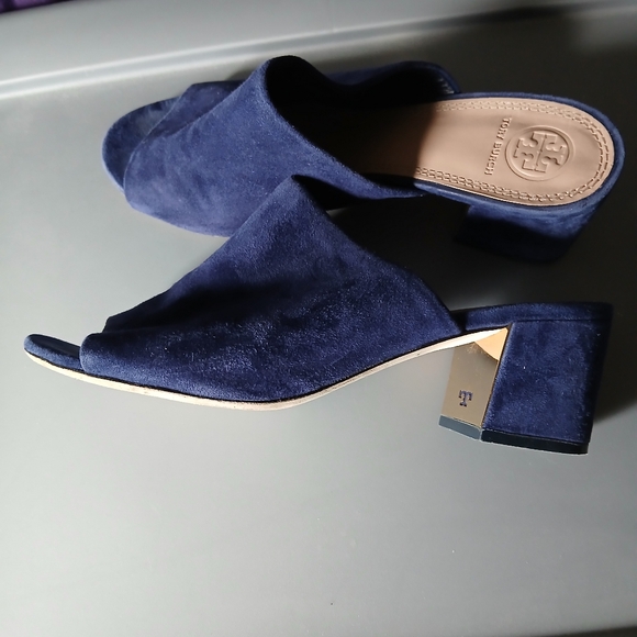 Tory Burch blue velvet block heel peep toe shoes size 7.5 - Picture 5 of 15